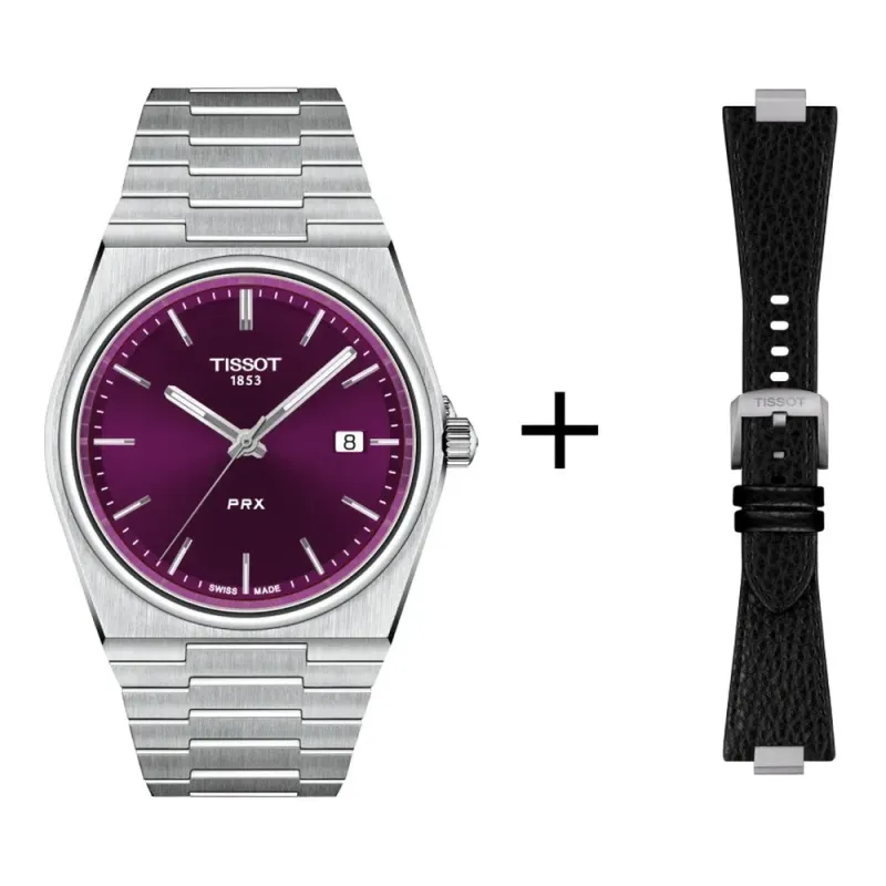 Tissot PRX 40mm purple, quartz movement, stainless steel, sapphire crystal men's watch T137.410.11.401.00 set with black leather strap